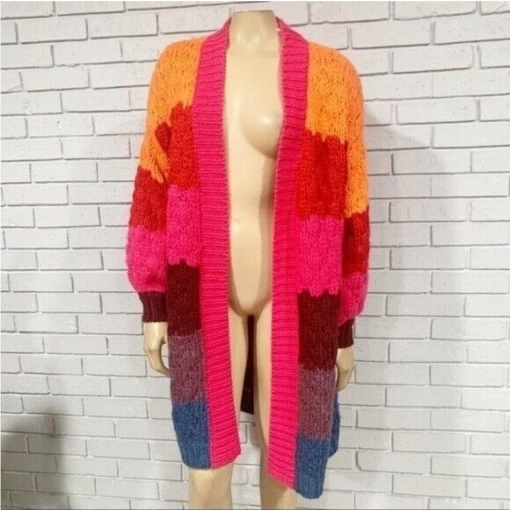 Farm Rio Womens Striped Multi Colorblock Chunky Knit Long Cardigan Size M